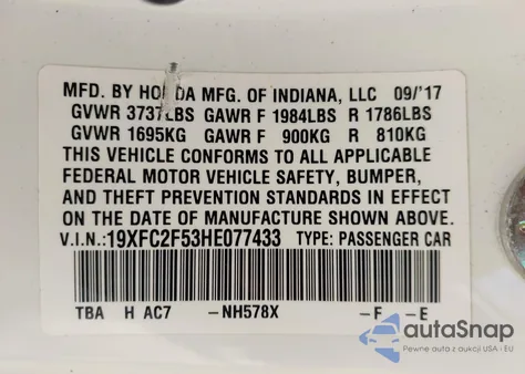 2017 Honda Civic Lx from USA, damaged, VIN 19XFC2F53HE077433
